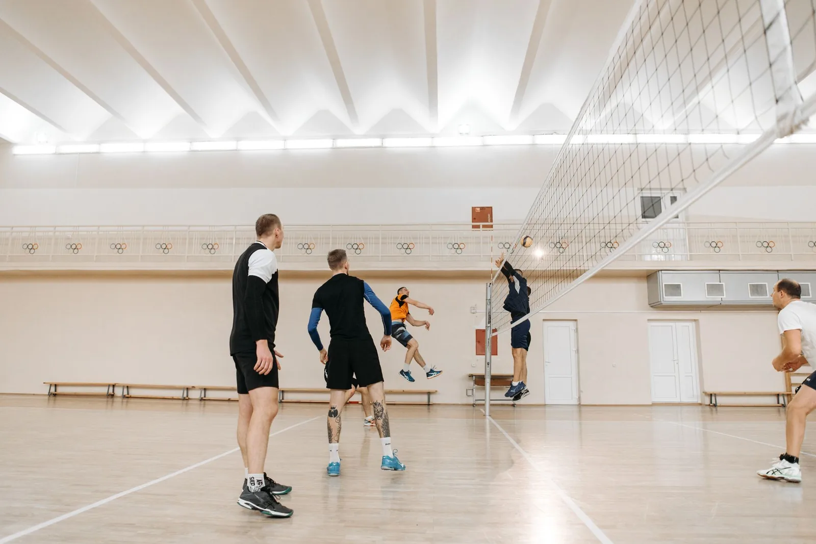 Aikuiset pelaavat lentopalloa liikuntasalissa