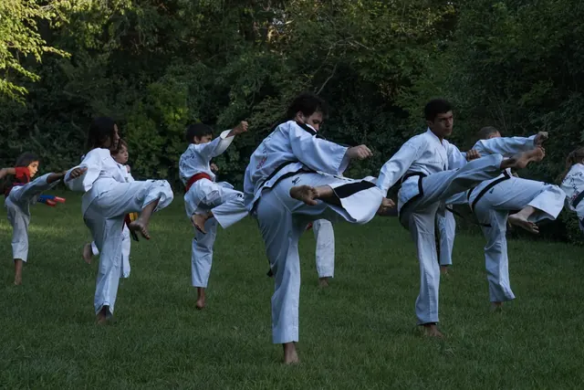Ryhmä harjoittelee taekwondon potkuja nurmikolla